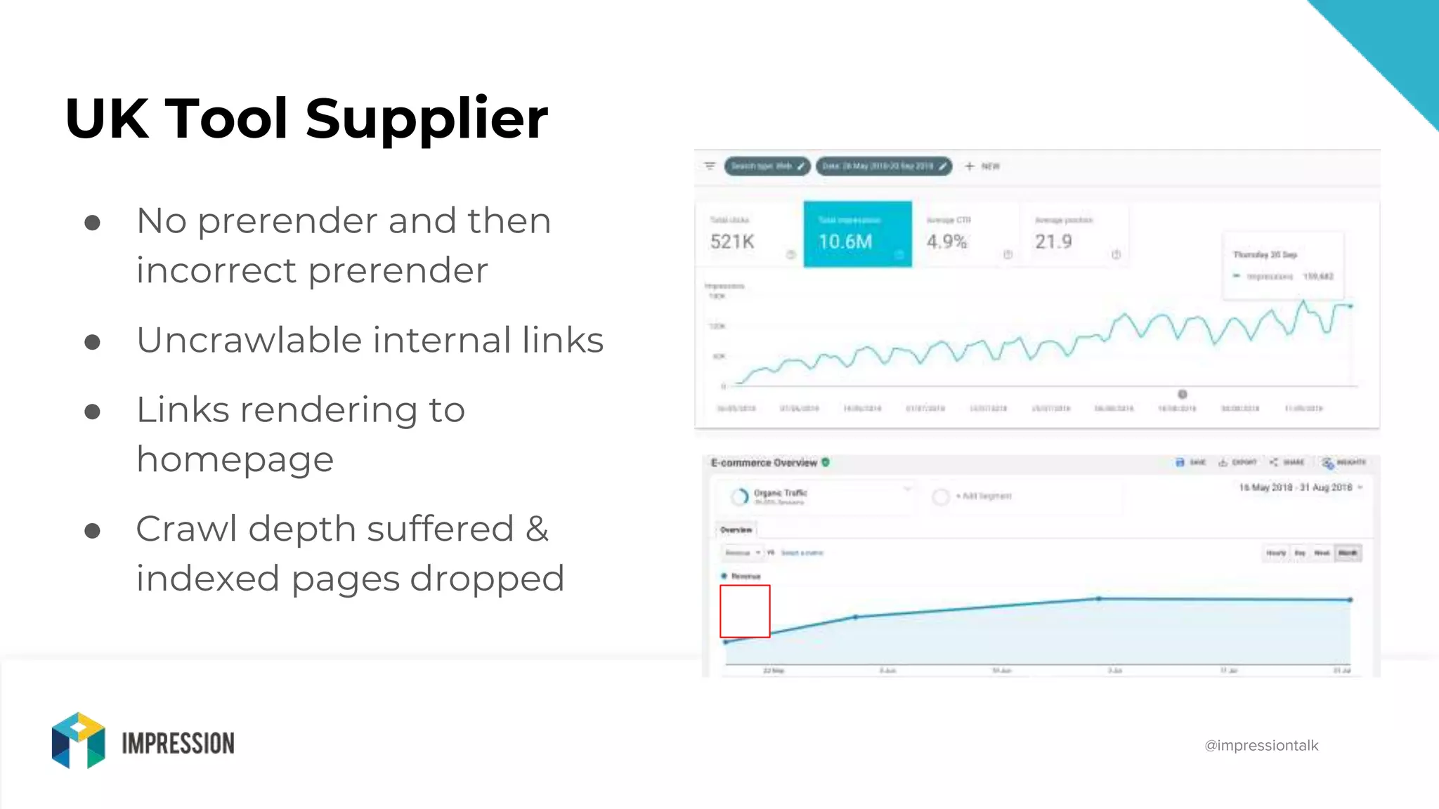 @impressiontalk
@impressiontalk
UK Tool Supplier
● No prerender and then
incorrect prerender
● Uncrawlable internal links
● Links rendering to
homepage
● Crawl depth suffered &
indexed pages dropped
 