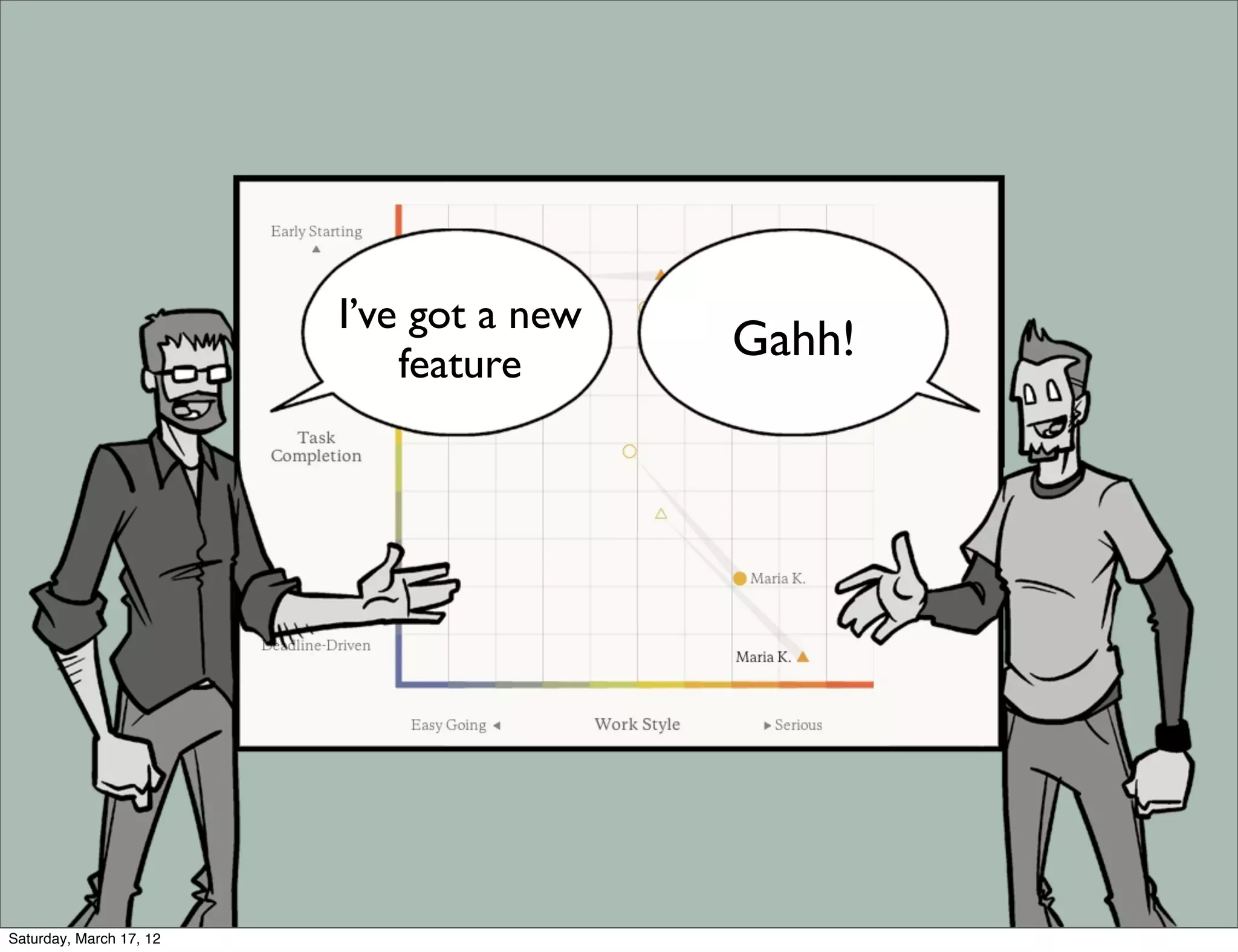 I’ve got a new
                             feature
                                          Gahh!




Saturday, March 17, 12
 