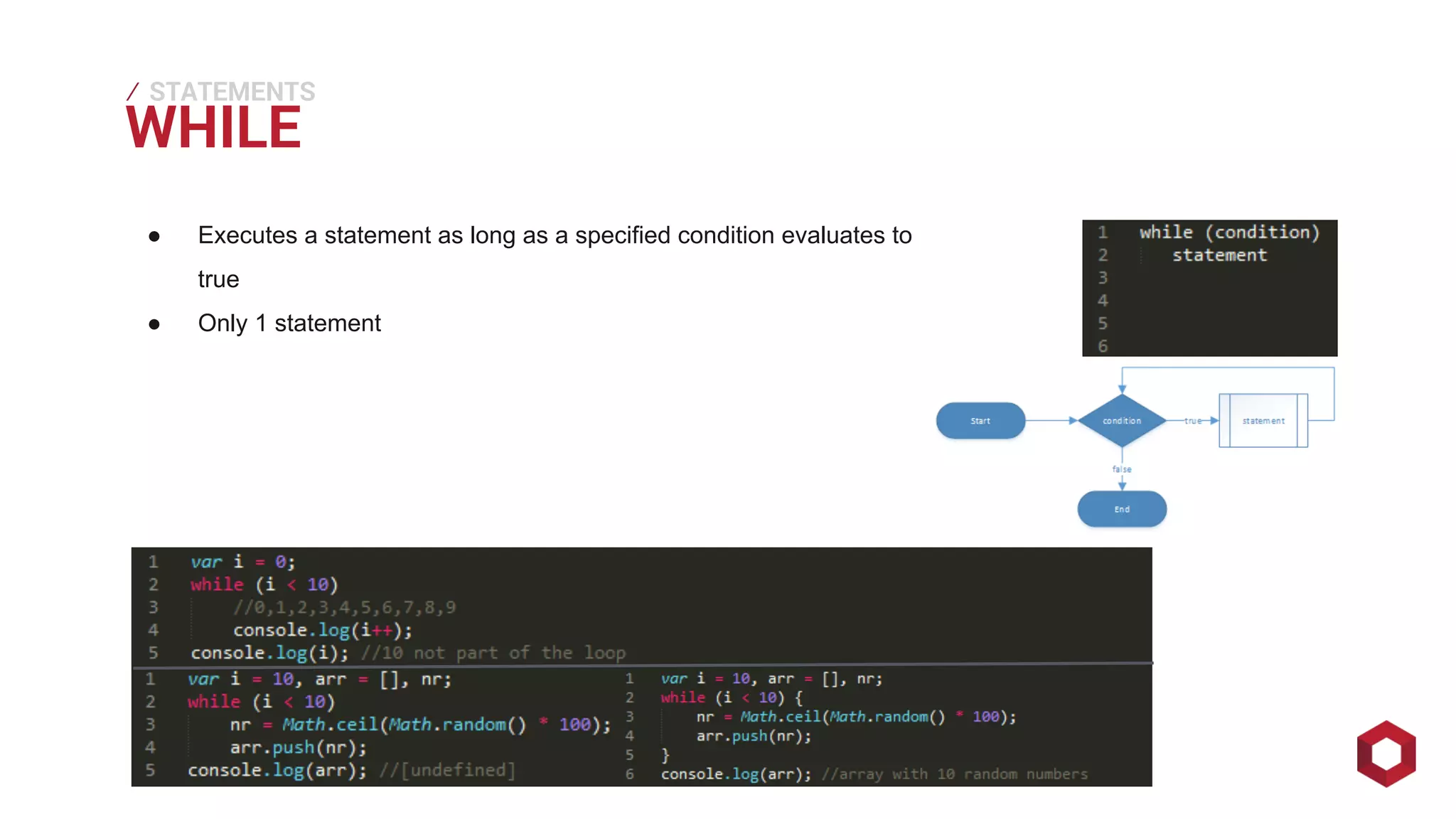 WHILE ⁄ 
STATEMENTS 
● Executes a statement as long as a specified condition evaluates to 
true 
● Only 1 statement 
 