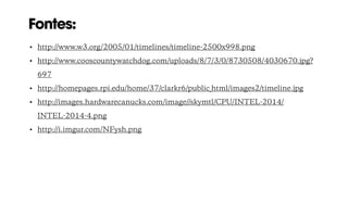 Fontes:
• http://www.w3.org/2005/01/timelines/timeline-2500x998.png
• http://www.cooscountywatchdog.com/uploads/8/7/3/0/8730508/4030670.jpg?
697
• http://homepages.rpi.edu/home/37/clarkr6/public_html/images2/timeline.jpg
• http://images.hardwarecanucks.com/image//skymtl/CPU/INTEL-2014/
INTEL-2014-4.png
• http://i.imgur.com/NFysh.png
 