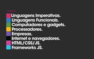  
1. Linguagens Imperativas.
2. Linguagens Funcionais. 
3. Computadores e gadgets. 
4. Processadores.
5. Empresas.
6. Internet e navegadores.
7. HTML/CSS/JS.
8. Frameworks JS.
Timeline:
 