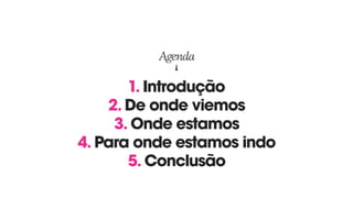 1. Introdução 
2. De onde viemos 
3. Onde estamos 
4. Para onde estamos indo
5. Conclusão
Agenda
 