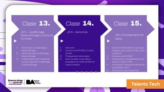 Clase 13.
1. Introducción a LocalStorage y
SessionStorage
2. Diferencias entre LocalStorage y
SessionStorage
3. Implementación de un carrito de
compras utilizando LocalStorage
o SessionStorage
JS 5 - LocalStorage,
SessionStorage y Carrito de
Compras
Clase 14.
1. Asincronía
2. Consumo de API REST a través
de fetch
3. Procesamiento de los datos
4. Incluir los datos consumidos y
procesados por medio de fetch en
nuestro proyecto
JS 6 - Asincronía
Clase 15.
1. Asincronía Desarrollo de un proyecto
integrador que combine HTML, CSS, y
JavaScript
2. Consumo de API REST
3. Incorporación y procesamiento de los
datos en nuestro HTML
4. Incorporación de buenas prácticas de
accesibilidad y SEO
5. Presentación del proyecto final
API y Procesamiento de
Datos
 