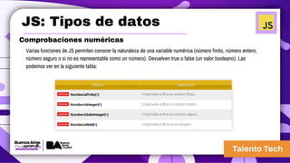 JS: Tipos de datos
Comprobaciones numéricas
Varias funciones de JS permiten conocer la naturaleza de una variable numérica (número finito, número entero,
número seguro o si no es representable como un número). Devuelven true o false (un valor booleano). Las
podemos ver en la siguiente tabla:
 