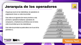 Jerarquía de los operadores
Al igual que ocurre en las matemáticas, los operadores en
programación tienen un orden de prioridad.
Este orden es el siguiente (de menos prioritario a más
prioritario): operadores booleanos; operadores de
comparación, y finalmente los aritméticos (con el mismo
orden de prioridad que en las matemáticas).
Este orden de prioridad se puede alterar con el uso de los
paréntesis ().
 