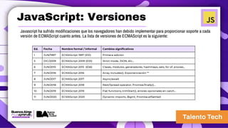 JavaScript: Versiones
Javascript ha sufrido modificaciones que los navegadores han debido implementar para proporcionar soporte a cada
versión de ECMAScript cuanto antes. La lista de versiones de ECMAScript es la siguiente:
 