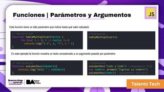 Esta función tiene un sólo parámetro que indica hasta qué valor calculará:
En este ejemplo la función muestra un texto concatenado a un argumento pasado por parámetro:
// Declaración
function tablaMultiplicar(hasta) {
for (var i = 1; i <= hasta; i++)
console.log("1 x", i, "=", 1 * i)
}
//Ejecución
tablaMultiplicar(4)
// Declaración
function saludarDos(miNombre){
console.log("Hola " + miNombre)
}
//Ejecución
saludarDos("Codo a Codo") //Argumento fijo
var nombre= prompt("Ingrese su nombre")
saludarDos(nombre) //Argumento variable
Funciones | Parámetros y Argumentos
 