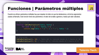 Cuando se utilizan parámetros múltiples hay que respetar el orden en que los declaramos y el de los argumentos
usados al llamarla. Esta función tiene dos parámetros: el valor de la tabla a generar y hasta qué valor calculará.
// Declaración
function tablaMultiplicar(tabla, hasta) {
for (var i = 1; i <= hasta; i++)
console.log(tabla + " x " + i + " = ", tabla * i)
}
// Ejecución
tablaMultiplicar(1, 10) // Tabla del 1, calcula desde el 1 hasta el 10
tablaMultiplicar(5, 8) // Tabla del 5, calcula desde el 1 hasta el 8
Funciones | Parámetros múltiples
 