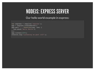 NODEJS: DEPENDANCY MANAGEMENT
You can manage dependencies for your nodejs app in package.json:
   {
       "name": "sample-app",
       "version": "0.0.1",
       "dependencies": {
         "express": "2.5.x"
       }
   }




   This allows us to install our project dependencies with npm:
   npm install
 
