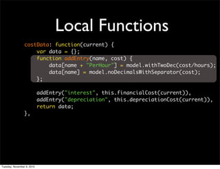 Local Functions
                 costData: function(current) {
                     var data = {};
                     function addEntry(name, cost) {
                         data[name + "PerHour"] = model.withTwoDec(cost/hours);
                         data[name] = model.noDecimalsWithSeparator(cost);
                     };

                            addEntry("interest", this.financialCost(current)),
                            addEntry("depreciation", this.depreciationCost(current)),
                            return data;
                 },




Tuesday, November 9, 2010
 