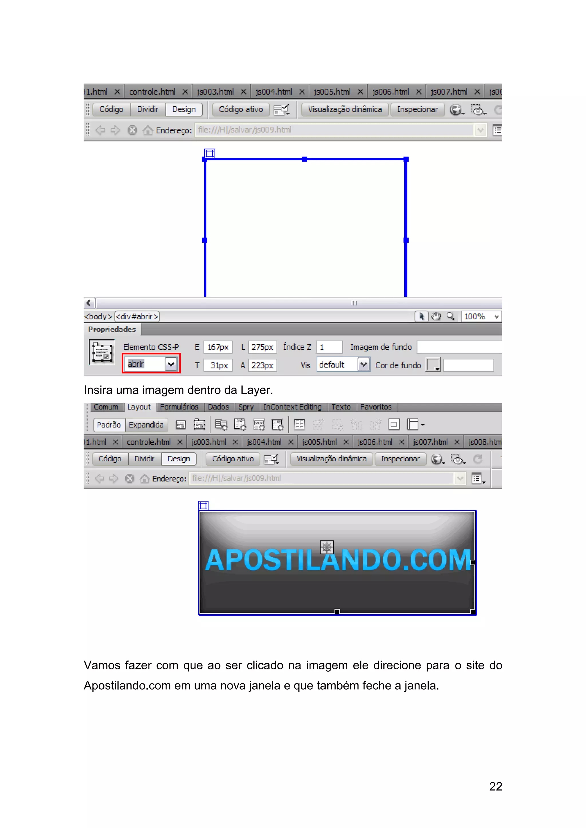 Insira uma imagem dentro da Layer.




Vamos fazer com que ao ser clicado na imagem ele direcione para o site do
Apostilando.com em uma nova janela e que também feche a janela.




                                                                      22
 