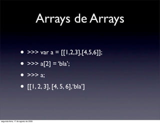 Arrays de Arrays

                     • >>> var a = [[1,2,3],[4,5,6]];
                     • >>> a[2] = ‘bla’;
                     • >>> a;
                     • [[1, 2, 3], [4, 5, 6],‘bla’]

segunda-feira, 17 de agosto de 2009
 