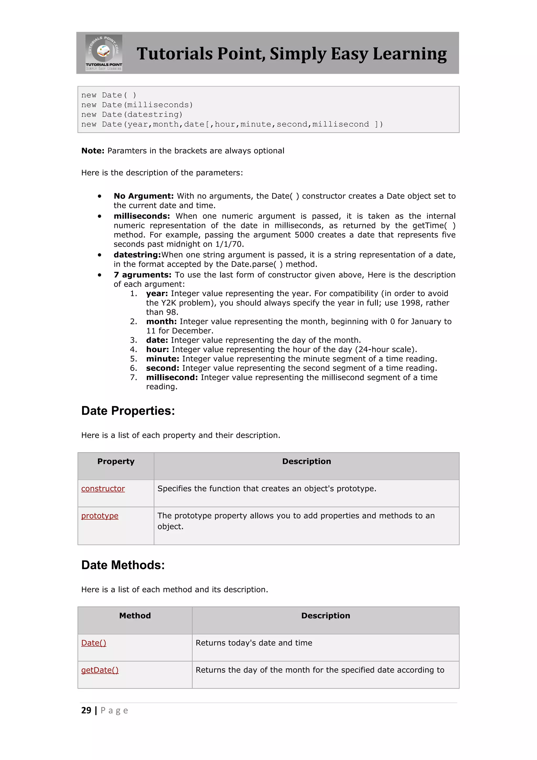 Tutorials Point, Simply Easy Learning
new
new
new
new

Date( )
Date(milliseconds)
Date(datestring)
Date(year,month,date[,hour,minute,second,millisecond ])

Note: Paramters in the brackets are always optional
Here is the description of the parameters:







No Argument: With no arguments, the Date( ) constructor creates a Date object set to
the current date and time.
milliseconds: When one numeric argument is passed, it is taken as the internal
numeric representation of the date in milliseconds, as returned by the getTime( )
method. For example, passing the argument 5000 creates a date that represents five
seconds past midnight on 1/1/70.
datestring:When one string argument is passed, it is a string representation of a date,
in the format accepted by the Date.parse( ) method.
7 agruments: To use the last form of constructor given above, Here is the description
of each argument:
1. year: Integer value representing the year. For compatibility (in order to avoid
the Y2K problem), you should always specify the year in full; use 1998, rather
than 98.
2. month: Integer value representing the month, beginning with 0 for January to
11 for December.
3. date: Integer value representing the day of the month.
4. hour: Integer value representing the hour of the day (24-hour scale).
5. minute: Integer value representing the minute segment of a time reading.
6. second: Integer value representing the second segment of a time reading.
7. millisecond: Integer value representing the millisecond segment of a time
reading.

Date Properties:
Here is a list of each property and their description.
Property

Description

constructor

Specifies the function that creates an object's prototype.

prototype

The prototype property allows you to add properties and methods to an
object.

Date Methods:
Here is a list of each method and its description.
Method

Description

Date()

Returns today's date and time

getDate()

Returns the day of the month for the specified date according to

29 | P a g e

 