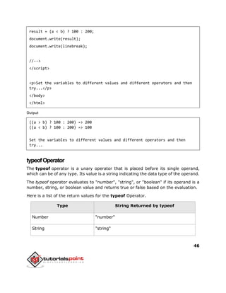 46
result = (a < b) ? 100 : 200;
document.write(result);
document.write(linebreak);
//-->
</script>
<p>Set the variables to different values and different operators and then
try...</p>
</body>
</html>
Output
((a > b) ? 100 : 200) => 200
((a < b) ? 100 : 200) => 100
Set the variables to different values and different operators and then
try...
typeofOperator
The typeof operator is a unary operator that is placed before its single operand,
which can be of any type. Its value is a string indicating the data type of the operand.
The typeof operator evaluates to "number", "string", or "boolean" if its operand is a
number, string, or boolean value and returns true or false based on the evaluation.
Here is a list of the return values for the typeof Operator.
Type String Returned by typeof
Number "number"
String "string"
 
