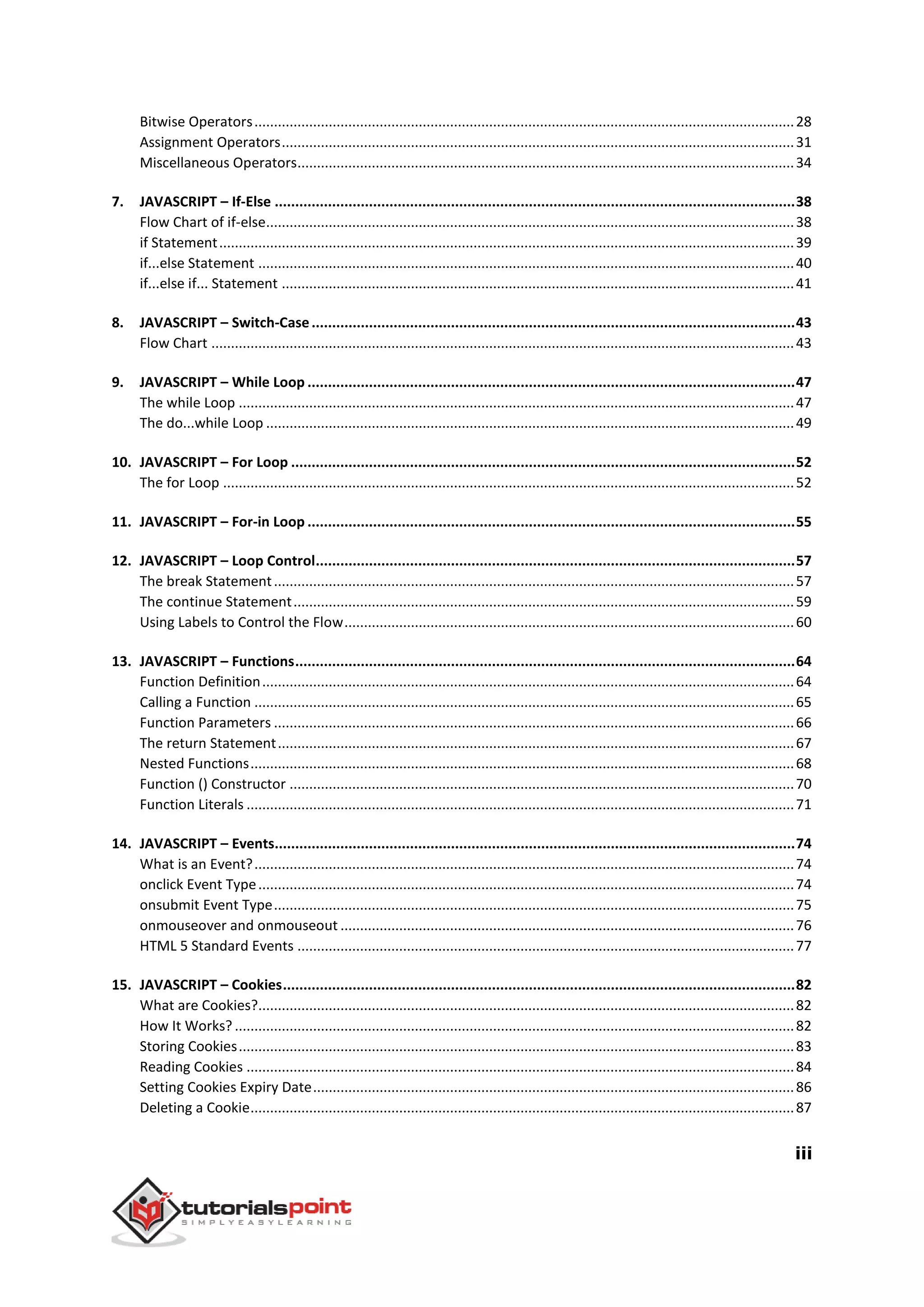 iii
Bitwise Operators..........................................................................................................................................28
Assignment Operators...................................................................................................................................31
Miscellaneous Operators...............................................................................................................................34
7. JAVASCRIPT – If-Else ...............................................................................................................................38
Flow Chart of if-else.......................................................................................................................................38
if Statement...................................................................................................................................................39
if...else Statement .........................................................................................................................................40
if...else if... Statement ...................................................................................................................................41
8. JAVASCRIPT – Switch-Case......................................................................................................................43
Flow Chart .....................................................................................................................................................43
9. JAVASCRIPT – While Loop .......................................................................................................................47
The while Loop ..............................................................................................................................................47
The do...while Loop .......................................................................................................................................49
10. JAVASCRIPT – For Loop ...........................................................................................................................52
The for Loop ..................................................................................................................................................52
11. JAVASCRIPT – For-in Loop .......................................................................................................................55
12. JAVASCRIPT – Loop Control.....................................................................................................................57
The break Statement.....................................................................................................................................57
The continue Statement................................................................................................................................59
Using Labels to Control the Flow...................................................................................................................60
13. JAVASCRIPT – Functions..........................................................................................................................64
Function Definition........................................................................................................................................64
Calling a Function ..........................................................................................................................................65
Function Parameters .....................................................................................................................................66
The return Statement....................................................................................................................................67
Nested Functions...........................................................................................................................................68
Function () Constructor .................................................................................................................................70
Function Literals ............................................................................................................................................71
14. JAVASCRIPT – Events...............................................................................................................................74
What is an Event?..........................................................................................................................................74
onclick Event Type.........................................................................................................................................74
onsubmit Event Type.....................................................................................................................................75
onmouseover and onmouseout ....................................................................................................................76
HTML 5 Standard Events ...............................................................................................................................77
15. JAVASCRIPT – Cookies.............................................................................................................................82
What are Cookies?.........................................................................................................................................82
How It Works? ...............................................................................................................................................82
Storing Cookies..............................................................................................................................................83
Reading Cookies ............................................................................................................................................84
Setting Cookies Expiry Date...........................................................................................................................86
Deleting a Cookie...........................................................................................................................................87
 