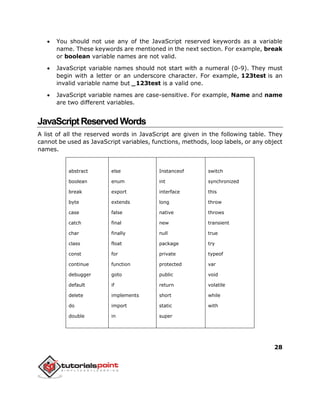 28
 You should not use any of the JavaScript reserved keywords as a variable
name. These keywords are mentioned in the next section. For example, break
or boolean variable names are not valid.
 JavaScript variable names should not start with a numeral (0-9). They must
begin with a letter or an underscore character. For example, 123test is an
invalid variable name but _123test is a valid one.
 JavaScript variable names are case-sensitive. For example, Name and name
are two different variables.
JavaScriptReservedWords
A list of all the reserved words in JavaScript are given in the following table. They
cannot be used as JavaScript variables, functions, methods, loop labels, or any object
names.
abstract
boolean
break
byte
case
catch
char
class
const
continue
debugger
default
delete
do
double
else
enum
export
extends
false
final
finally
float
for
function
goto
if
implements
import
in
Instanceof
int
interface
long
native
new
null
package
private
protected
public
return
short
static
super
switch
synchronized
this
throw
throws
transient
true
try
typeof
var
void
volatile
while
with
 