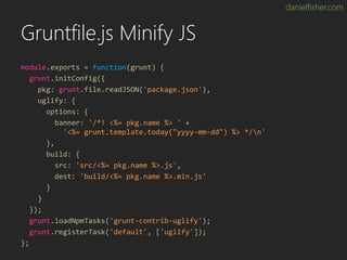 danielfisher.com
Gruntfile.js Minify JS
module.exports = function(grunt) {
grunt.initConfig({
pkg: grunt.file.readJSON('pa...