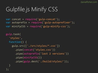 danielfisher.com
Gulpfile.js Minify CSS
var concat = require('gulp-concat');
var autoprefix = require('gulp-autoprefixer')...