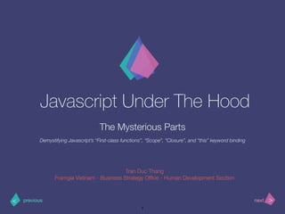 >< nextprevious
Javascript Under The Hood
The Mysterious Parts
Tran Duc Thang
Framgia Vietnam - Business Strategy Ofﬁce - Human Development Section
Demystifying Javascript’s “First-class functions”, “Scope”, “Closure”, and “this” keyword binding
1
 