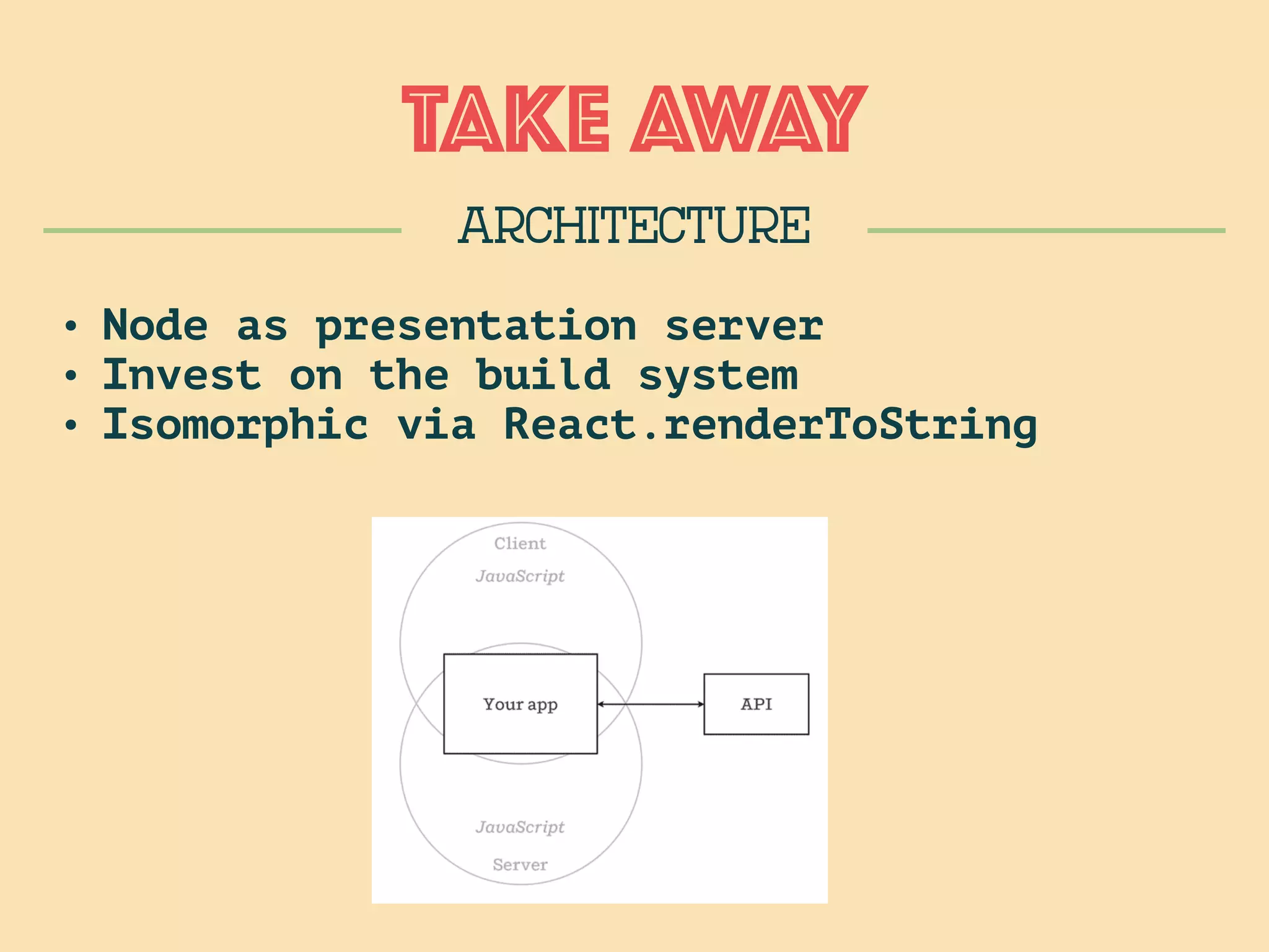 TAKE AWAy
ARCHITECTURE
• Node as presentation server
• Invest on the build system
• Isomorphic via React.renderToString
 