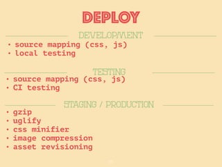 25
DEPLOY
• source mapping (css, js)
• local testing
DEVelopmeNt
Testing
STAGING / PRODUCTION
• source mapping (css, js)
• CI testing
• gzip
• uglify
• css minifier
• image compression
• asset revisioning
 