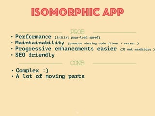 34
Isomorphic APP
CONS
PROS
• Performance (initial page-load speed)
• Maintainability (promote sharing code client / server )
• Progressive enhancements easier (JS not mandatory )
• SEO friendly
• Complex :)
• A lot of moving parts
 
