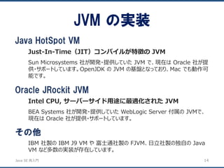JavaSE再入門 
JVM の実装 
14 
Java HotSpot VM 
Just-In-Time（JIT）コンパイルが特徴のJVM 
Sun Microsystems 社が開発・提供していたJVM で、現在はOracle 社が提 供・サポートしています。OpenJDK のJVM の基盤となっており、Mac でも動作可 能です。 
Oracle JRockit JVM 
Intel CPU, サーバーサイド用途に最適化されたJVM 
BEA Systems 社が開発・提供していたWebLogic Server 付属のJVMで、 現在はOracle 社が提供・サポートしています。 
その他 
IBM 社製のIBM J9 VM や富士通社製のFJVM、日立社製の独自のJava VM など多数の実装が存在しています。  