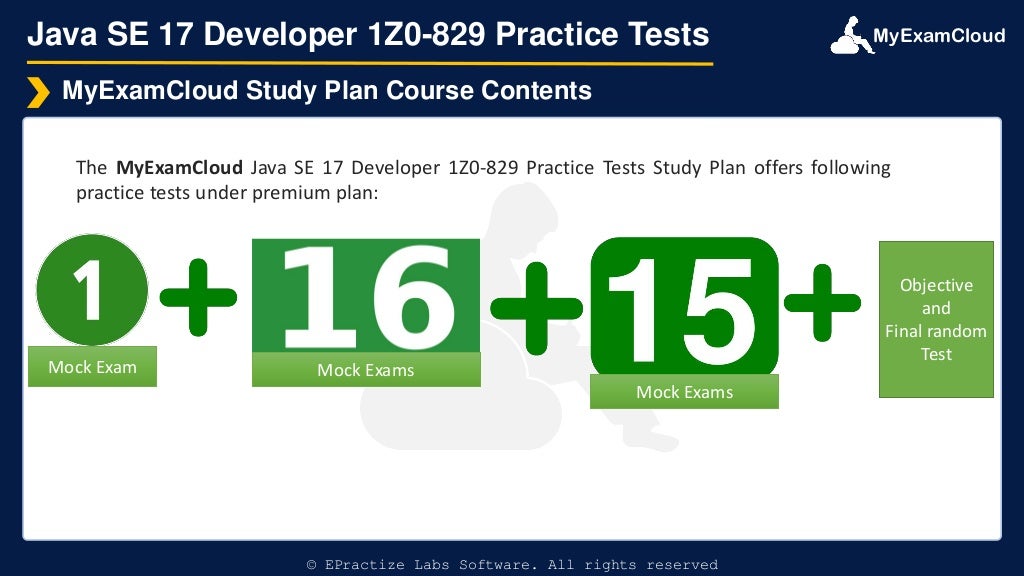 MyExamCloud
Java SE 17 Developer 1Z0-829 Practice Tests
The MyExamCloud Java SE 17 Developer 1Z0-829 Practice Tests Study Plan offers following
practice tests under premium plan:
MyExamCloud Study Plan Course Contents
© EPractize Labs Software. All rights reserved
Mock Exam Mock Exams
Mock Exams
Objective
and
Final random
Test
 