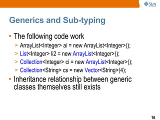Generics and Sub-typing
• The following code work
  >   ArrayList<Integer> ai = new ArrayList<Integer>();
  >   List<Integer> li2 = new ArrayList<Integer>();
  >   Collection<Integer> ci = new ArrayList<Integer>();
  >   Collection<String> cs = new Vector<String>(4);
• Inheritance relationship between generic
  classes themselves still exists


                                                           16
 