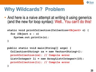 Why Wildcards? Problem
• And here is a naive attempt at writing it using generics
  (and the new for loop syntax): Well.. You can't do this!
 static void printCollection(Collection<Object> c) {
   for (Object o : c)
     System.out.println(o);
 }

 public static void main(String[] args) {
   Collection<String> cs = new Vector<String>();
   printCollection(cs); // Compile error
   List<Integer> li = new ArrayList<Integer>(10);
   printCollection(li); // Compile error
 }
                                                         20
 