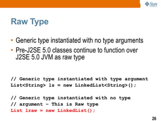 Raw Type

• Generic type instantiated with no type arguments
• Pre-J2SE 5.0 classes continue to function over
  J2SE 5.0 JVM as raw type

// Generic type instantiated with type argument
List<String> ls = new LinkedList<String>();

// Generic type instantiated with no type
// argument – This is Raw type
List lraw = new LinkedList();
                                                     26
 