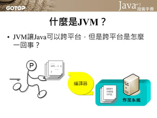 什麼是JVM？
• JVM讓Java可以跨平台，但是跨平台是怎麼
  一回事？
 
