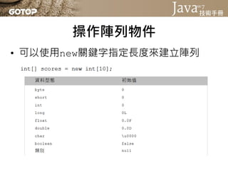 操作陣列物件
• 可以使用java.util.Arrays的fill()方
  法來設定新建陣列的元素值
 