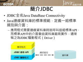 簡介JDBC
• JDBC應用程式開發者介面（Application
  Developer Interface）
 – 應用程式需要連線資料庫
 – 相關API主要是座落於java.sql與javax.sql
• JDBC驅動程式開發者介面（...