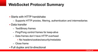  Starts with HTTP handshake
– Supports HTTP proxies, filtering, authentication and intermediaries
 Data transfer
– Text/Binary frames
– Ping/Pong control frames for keep-alive
– Data frames don’t have HTTP overhead
 No headers/cookies/security/metadata
– Close frame
 Full duplex and bi-directional
WebSocket Protocol Summary
 