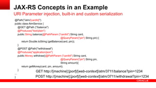 @Path("/atm/{cardId}")
public class AtmService {
@GET @Path ("/balance")
@Produces("text/plain")
public String balance(@PathParam ("cardId") String card,
@QueryParam("pin") String pin) {
return Double.toString (getBalance(card, pin));
}
@POST @Path("/withdrawal")
@Produces("application/json")
public Money withdraw((@PathParam ("cardId") String card,
@QueryParam("pin") String pin,
String amount){
return getMoney(card, pin, amount);
}
...
}
URI Parameter injection, built-in and custom serialization
JAX-RS Concepts in an Example
GET http://[machine]:[port]/[web-context]/atm/3711/balance?pin=1234
POST http://[machine]:[port]/[web-context]/atm/3711/withdrawal?pin=1234
 