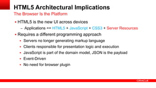 HTML5 Architectural Implications
 HTML5 is the new UI across devices
– Applications == HTML5 + JavaScript + CSS3 + Server Resources
 Requires a different programming approach
 Servers no longer generating markup language
 Clients responsible for presentation logic and execution
 JavaScript is part of the domain model, JSON is the payload
 Event-Driven
 No need for browser plugin
The Browser Is the Platform
 