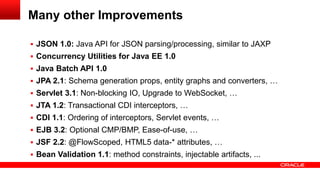  JSON 1.0: Java API for JSON parsing/processing, similar to JAXP
 Concurrency Utilities for Java EE 1.0
 Java Batch API 1.0
 JPA 2.1: Schema generation props, entity graphs and converters, …
 Servlet 3.1: Non-blocking IO, Upgrade to WebSocket, …
 JTA 1.2: Transactional CDI interceptors, …
 CDI 1.1: Ordering of interceptors, Servlet events, …
 EJB 3.2: Optional CMP/BMP, Ease-of-use, …
 JSF 2.2: @FlowScoped, HTML5 data-* attributes, …
 Bean Validation 1.1: method constraints, injectable artifacts, ...
Many other Improvements
 