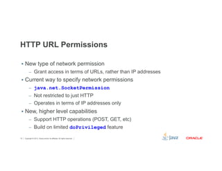HTTP URL Permissions 
§ New type of network permission 
– Grant access in terms of URLs, rather than IP addresses 
§ Current way to specify network permissions 
– java.net.SocketPermission 
– Not restricted to just HTTP 
– Operates in terms of IP addresses only 
§ New, higher level capabilities 
– Support HTTP operations (POST, GET, etc) 
– Build on limited doPrivileged feature 
Copyright © 2012, Oracle and/or its affiliates. 10 All rights reserved. 
 