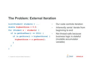 The Problem: External Iteration 
List<Student> students = ... 
double highestScore = 0.0; 
for (Student s : students) { 
if (s.getGradYear() == 2011) { 
if (s.getScore() > highestScore) { 
highestScore = s.getScore(); 
} 
} 
} 
Copyright © 2012, Oracle and/or its affiliates. 17 All rights reserved. 
• Our code controls iteration 
• Inherently serial: iterate from 
beginning to end 
• Not thread-safe because 
business logic is stateful 
(mutable accumulator 
variable) 
 