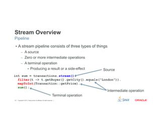 Stream Overview 
Pipeline 
§ A stream pipeline consists of three types of things 
– A source 
– Zero or more intermediate operations 
– A terminal operation 
§ Producing a result or a side-effect 
int sum = transactions.stream(). 
filter(t -> t.getBuyer().getCity().equals(“London”)). 
mapToInt(Transaction::getPrice). 
sum(); 
Copyright © 2012, Oracle and/or its affiliates. 32 All rights reserved. 
Source 
Intermediate operation 
Terminal operation 
 