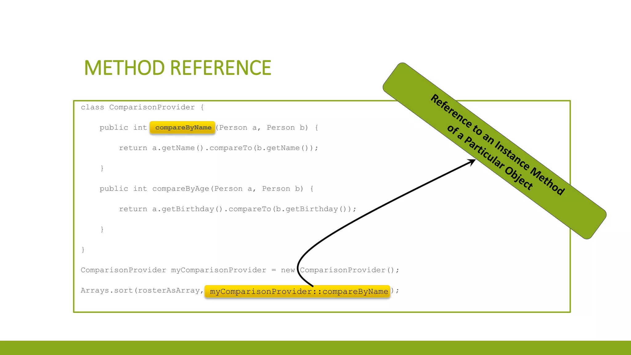 METHOD REFERENCE
class ComparisonProvider {
public int compareByName(Person a, Person b) {
return a.getName().compareTo(b.getName());
}
public int compareByAge(Person a, Person b) {
return a.getBirthday().compareTo(b.getBirthday());
}
}
ComparisonProvider myComparisonProvider = new ComparisonProvider();
Arrays.sort(rosterAsArray, myComparisonProvider::compareByName );myComparisonProvider::compareByName
compareByName
 