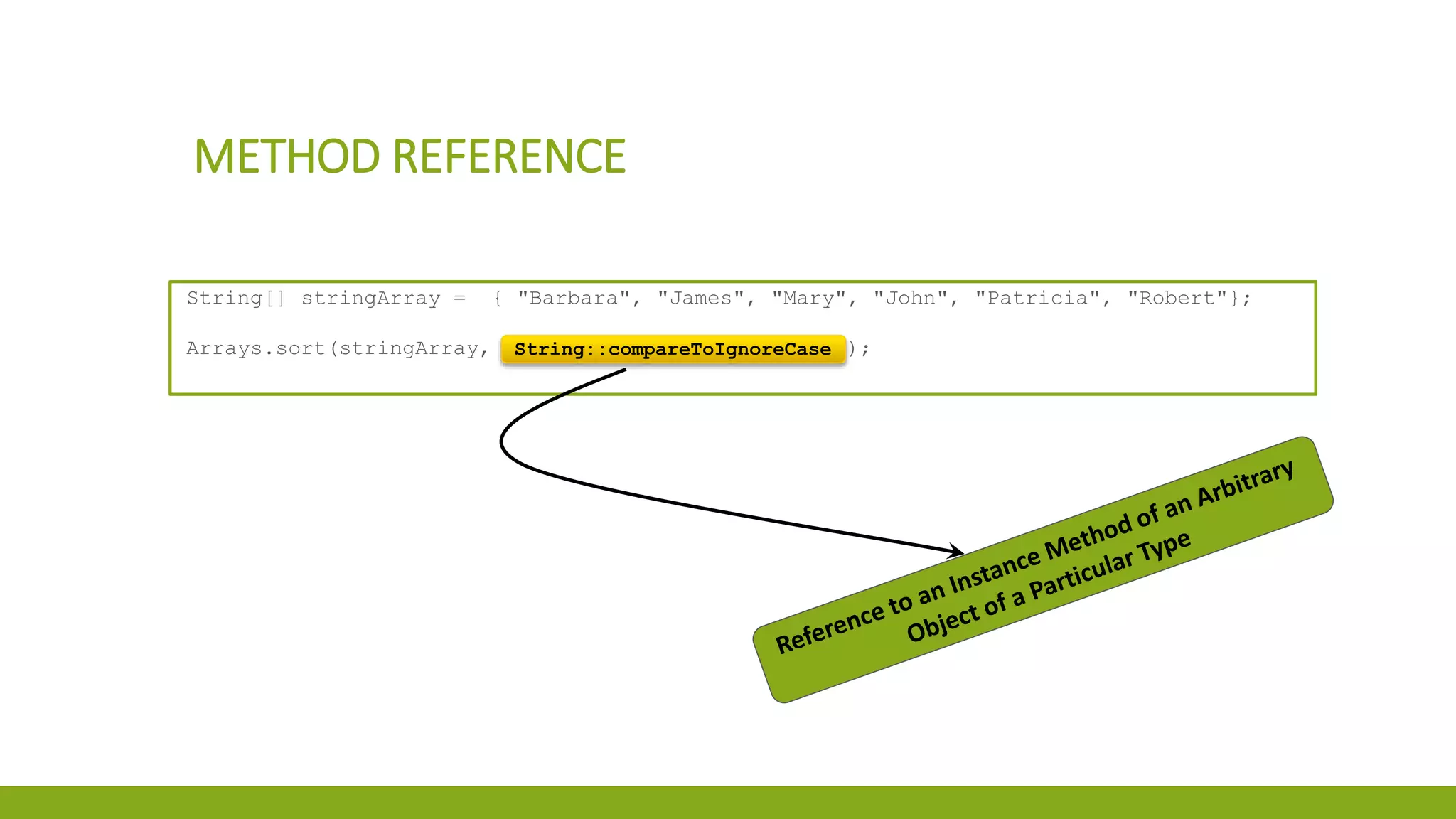 METHOD REFERENCE
String[] stringArray = { "Barbara", "James", "Mary", "John", "Patricia", "Robert"};
Arrays.sort(stringArray, String::compareToIgnoreCase);String::compareToIgnoreCase
 
