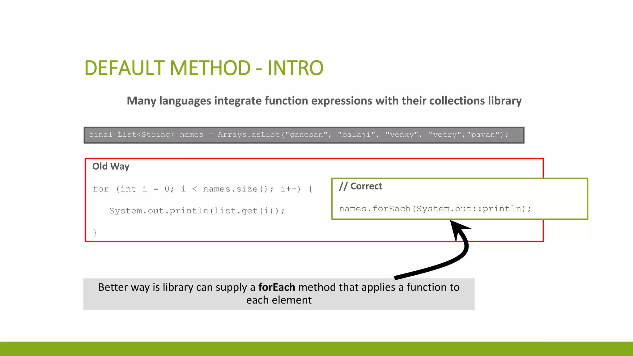 Many languages integrate function expressions with their collections library
DEFAULT METHOD - INTRO
Old Way
for (int i = 0; i < names.size(); i++) {
System.out.println(list.get(i));
}
final List<String> names = Arrays.asList("ganesan", "balaji", "venky", “vetry","pavan");
// Correct
names.forEach(System.out::println);
Better way is library can supply a forEach method that applies a function to
each element
 