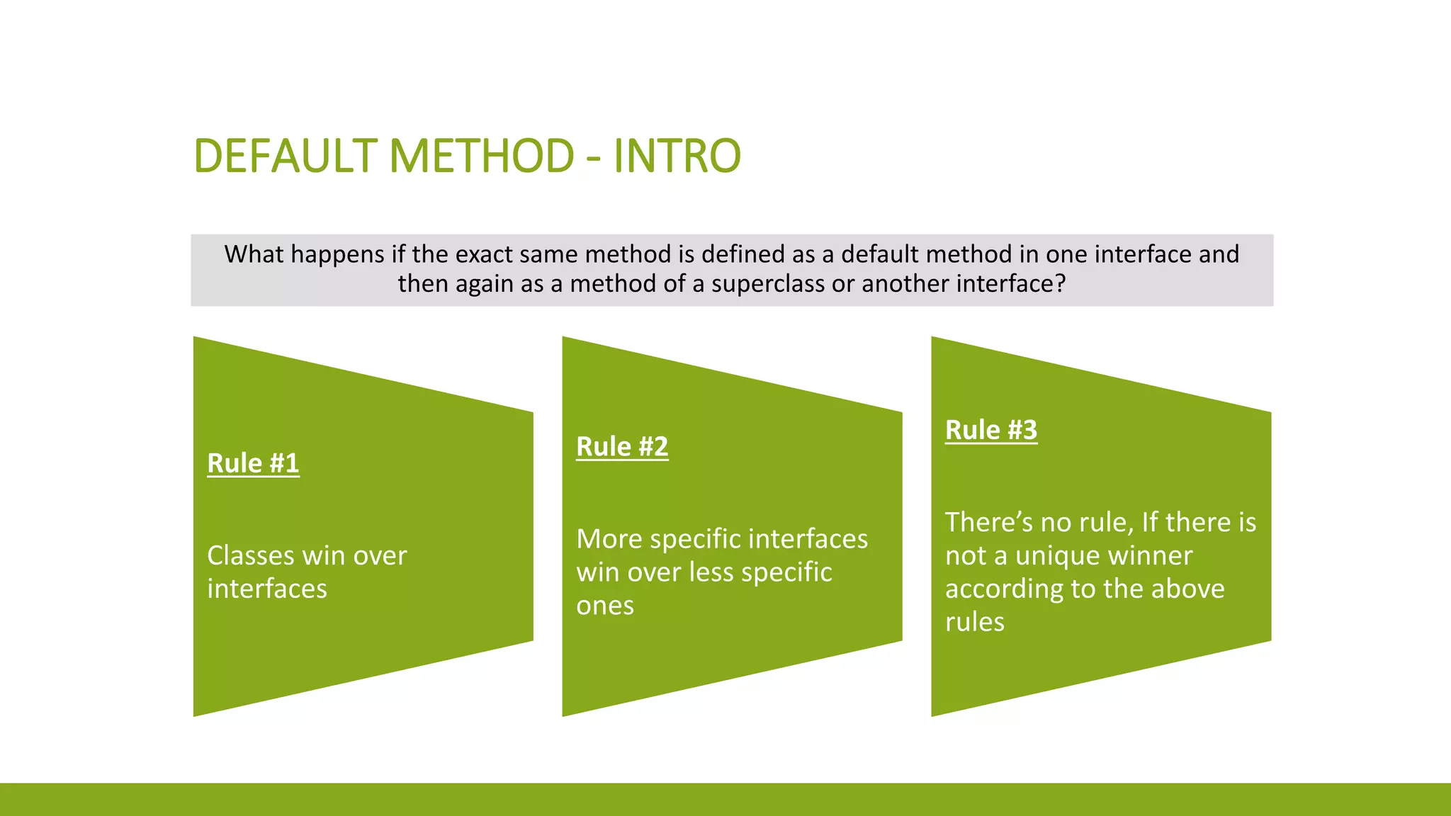 DEFAULT METHOD - INTRO
What happens if the exact same method is defined as a default method in one interface and
then again as a method of a superclass or another interface?
Rule #1
Classes win over
interfaces
Rule #2
More specific interfaces
win over less specific
ones
Rule #3
There’s no rule, If there is
not a unique winner
according to the above
rules
 