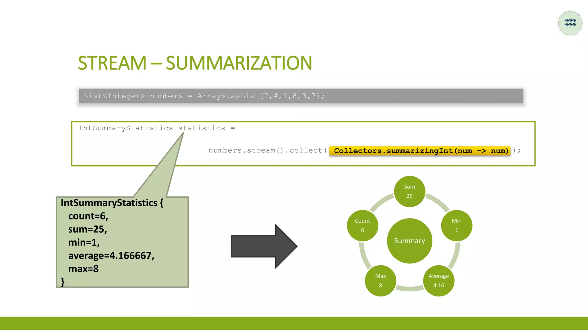 STREAM – SUMMARIZATION
List<Integer> numbers = Arrays.asList(2,4,1,8,3,7);
IntSummaryStatistics statistics =
numbers.stream().collect( Collectors.summarizingInt(num -> num) );Collectors.summarizingInt(num -> num)
Summary
Sum
25
Min
1
Average
4.16
Max
8
Count
6
IntSummaryStatistics {
count=6,
sum=25,
min=1,
average=4.166667,
max=8
}
 