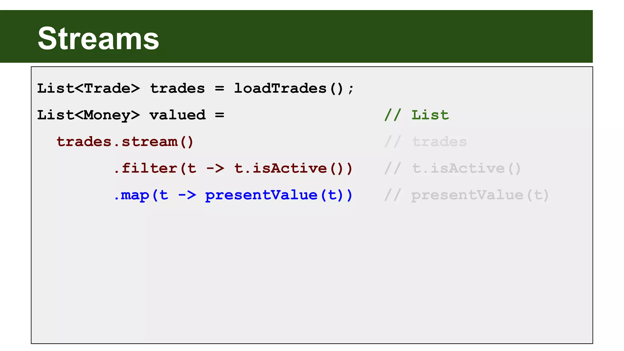 Streams
List<Trade> trades = loadTrades();
List<Money> valued = // List
trades.stream() // trades
.filter(t -> t.isActive()) // t.isActive()
.map(t -> presentValue(t)) // presentValue(t)
 