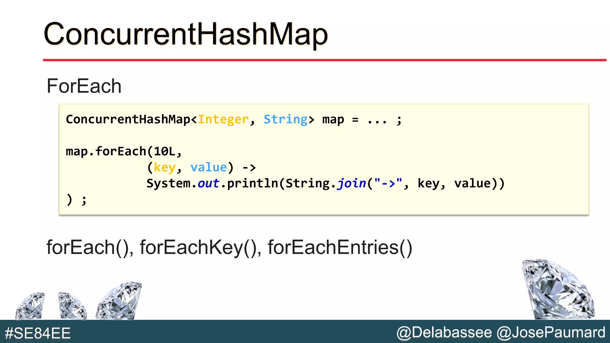 @Delabassee @JosePaumard#SE84EE
ConcurrentHashMap
ForEach
forEach(), forEachKey(), forEachEntries()
ConcurrentHashMap<Integer, String> map = ... ;
map.forEach(10L,
(key, value) ->
System.out.println(String.join("->", key, value))
) ;
 