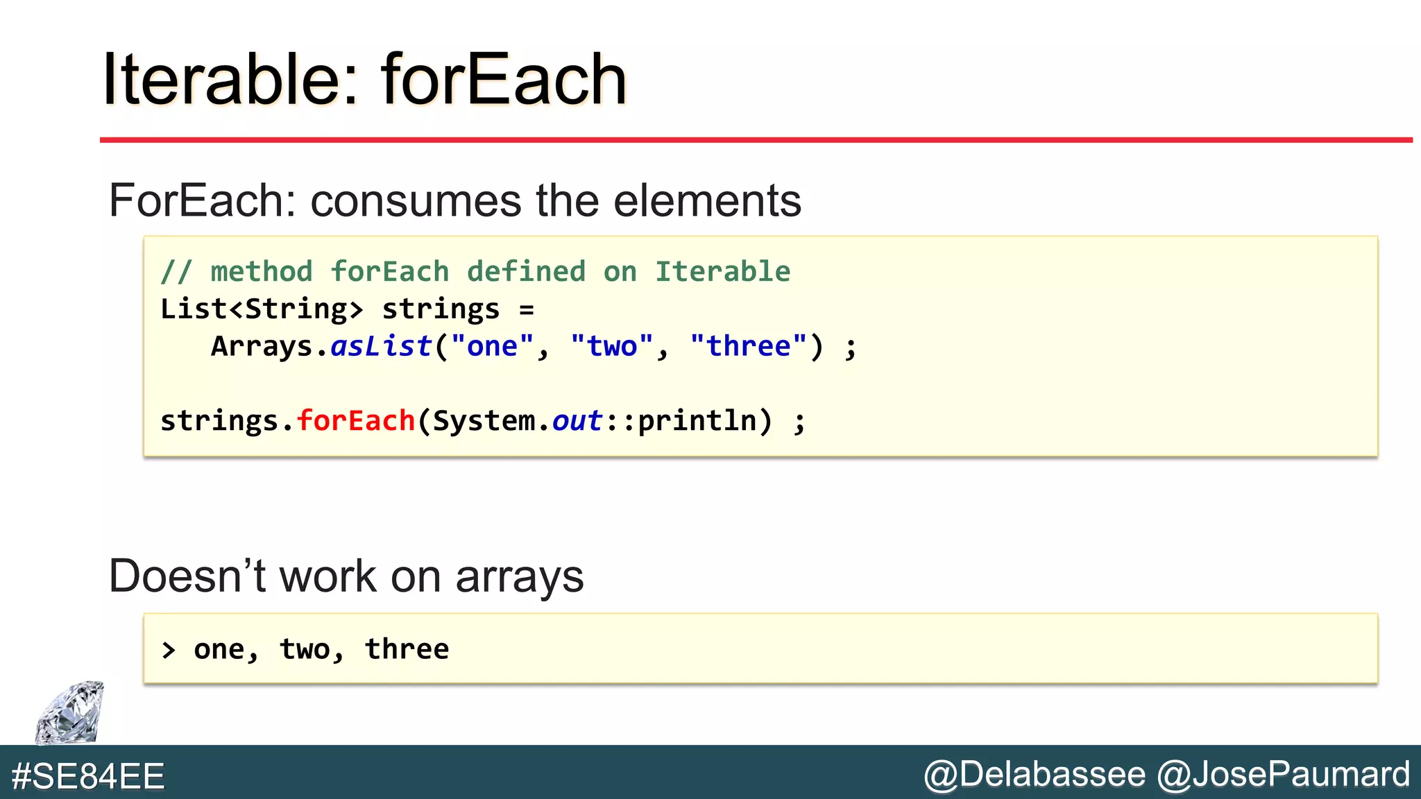 @Delabassee @JosePaumard#SE84EE
Iterable: forEach
ForEach: consumes the elements
Doesn’t work on arrays
// method forEach defined on Iterable
List<String> strings =
Arrays.asList("one", "two", "three") ;
strings.forEach(System.out::println) ;
> one, two, three
 