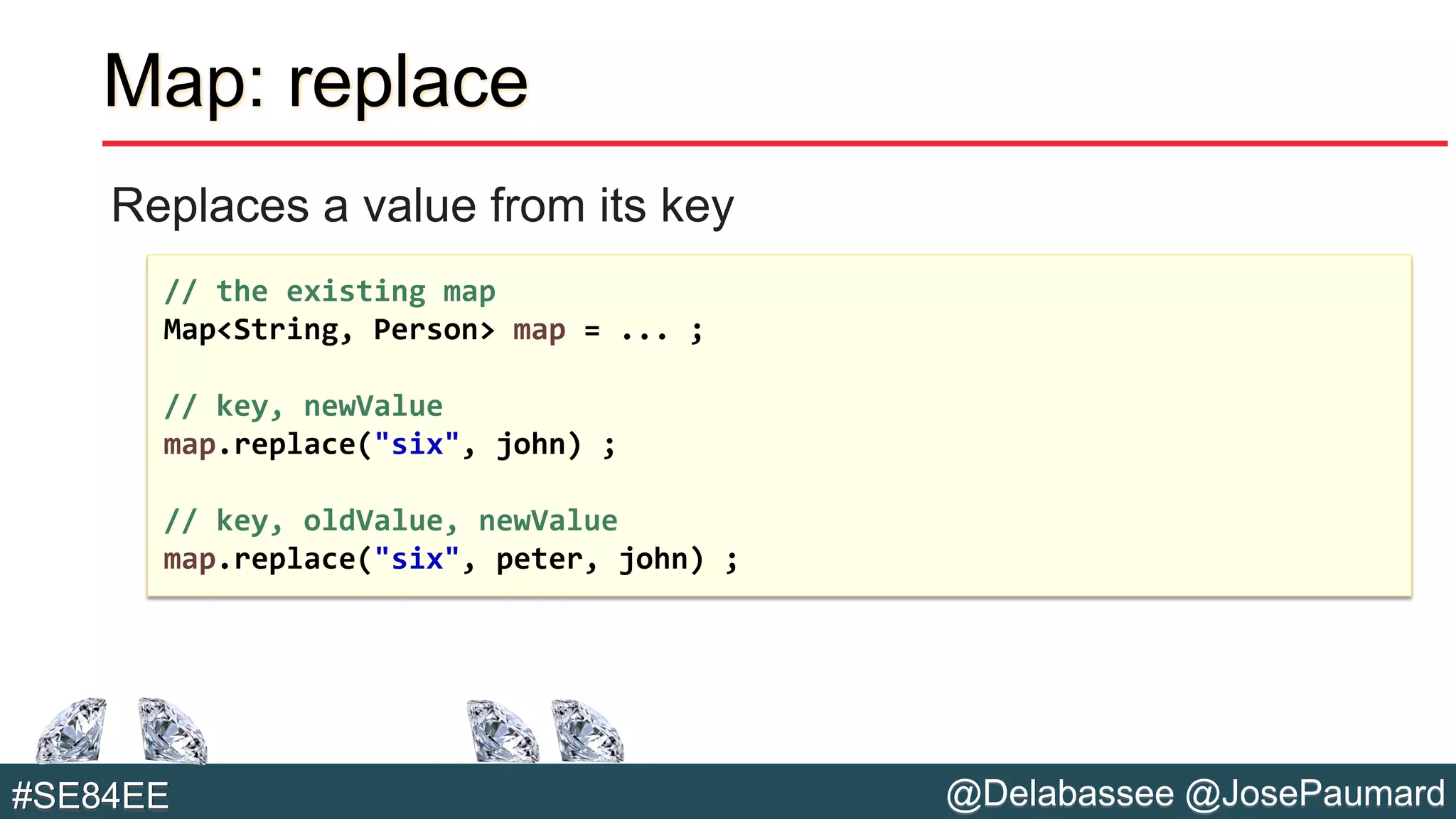 @Delabassee @JosePaumard#SE84EE
Map: replace
Replaces a value from its key
// the existing map
Map<String, Person> map = ... ;
// key, newValue
map.replace("six", john) ;
// key, oldValue, newValue
map.replace("six", peter, john) ;
 